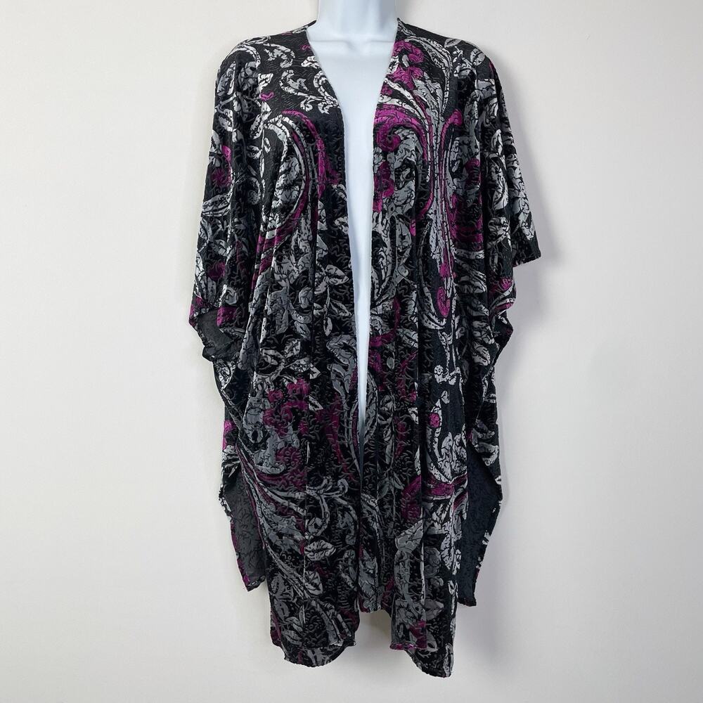 Chico's Velvet Burnout Tunic Kimono Jacket Floral L‎ / XL Oversized Boho